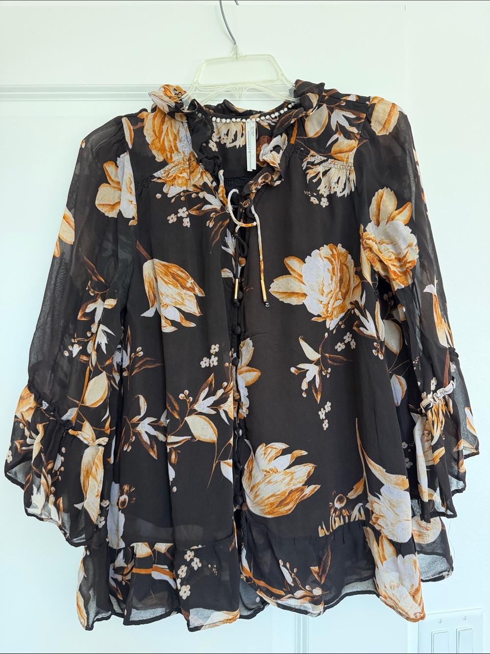 Anthropologie Black Floral Ruffled Tie-Front Blouse